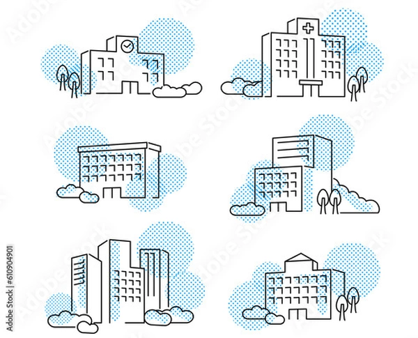 Fototapeta フラットな線画イメージ建物イラストドットパターン 青