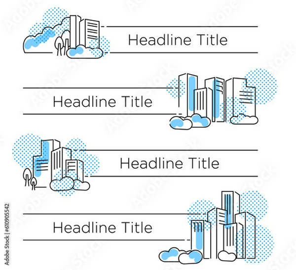 Fototapeta フラットな線画イメージ都市の景観イラストのある見出しタイトル	
