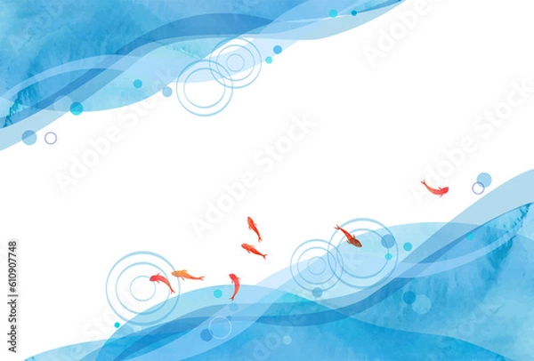 Fototapeta 透明水彩タッチの赤い金魚がいる水面の背景素材