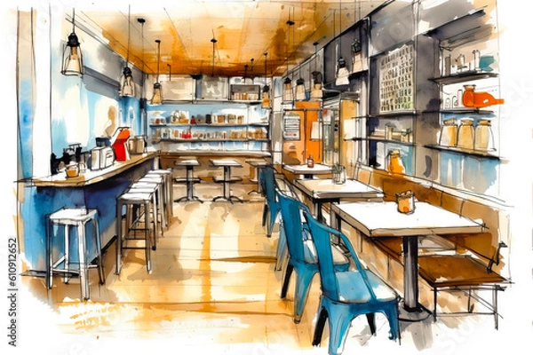 Fototapeta おしゃれなコーヒーショップの風景スケッチイラスト