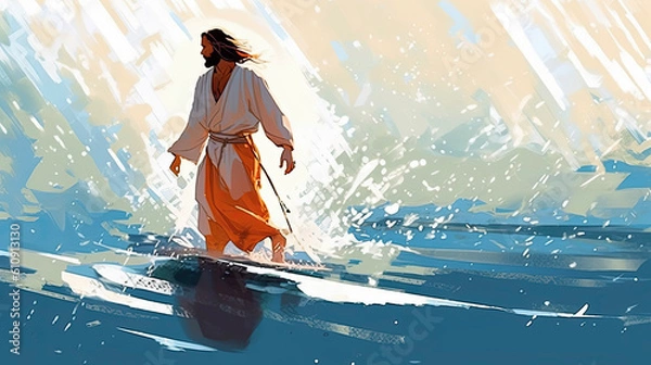 Fototapeta Colorful painting portrait art of Jesus walking on the water. Christian illustration. Generative AI.