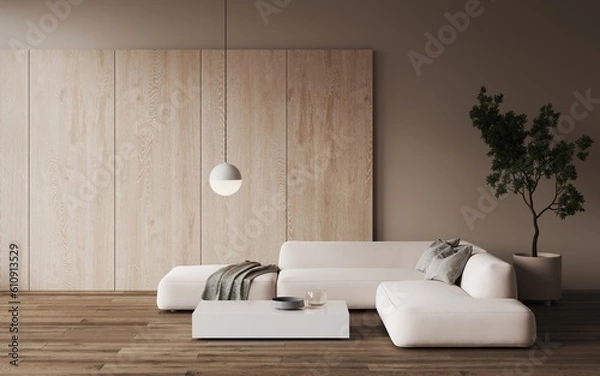 Fototapeta 3d rendering of modern living room with white sofa and coffee table. Wooden decorative panels on the wall. Decor tree in a pot, eco design. Round pendant ball lamp.Frame mockup