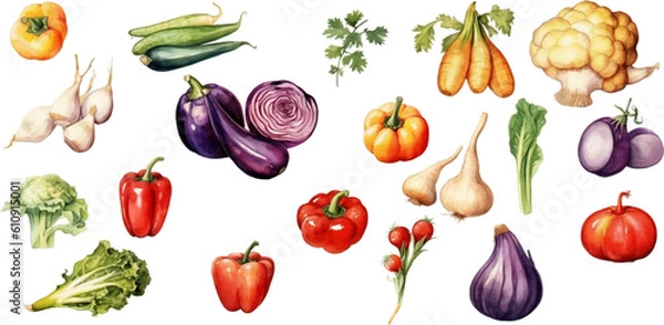 Obraz Set of watercolor mixed vegetables Easy to draw, white background 