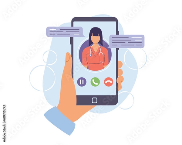 Fototapeta View from phone screen of patient talking to doctor. Distance communication with therapists using video calls. Modern medicine services. Vector illustration