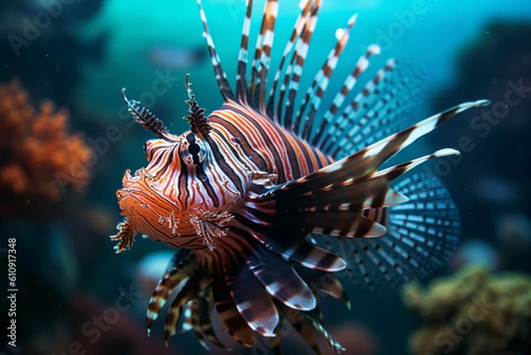 Fototapeta Close-up of a lionfish with its venomous spines on display - underwater, bokeh Generative AI