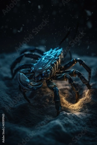 Fototapeta Close up of a blue scorpion on a black background with snow. Generative AI