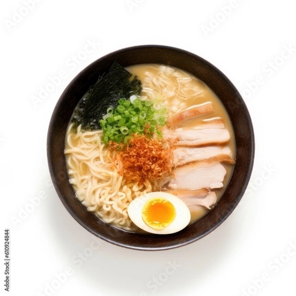 Fototapeta Kagoshima Ramen Tonkotsu and chicken broth isolated on white background. Generative AI