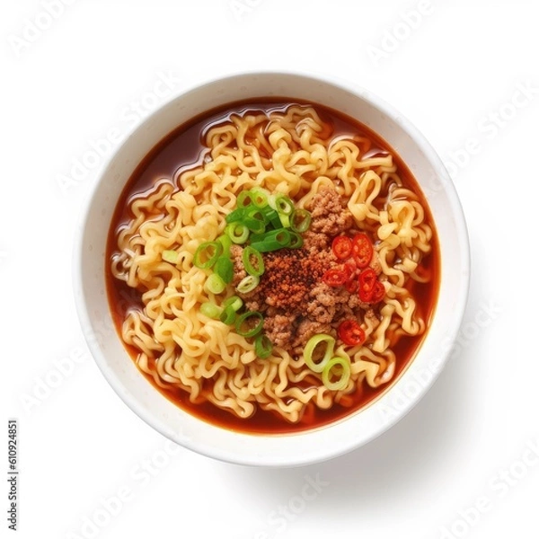 Fototapeta Nagoya Taiwan Ramen Spicy minced pork and soy isolated on white background. Generative AI
