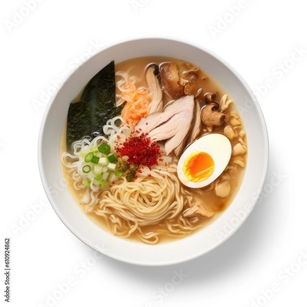 Fototapeta Tori Paitan Ramen Chicken based broth isolated on white background. Generative AI