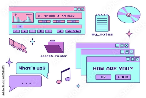 Obraz y2k trendy set of objects, old computer interface, retro pc elements, 1990s 2000s style, cursor, cd disk, star, nostalgia, vector illustration