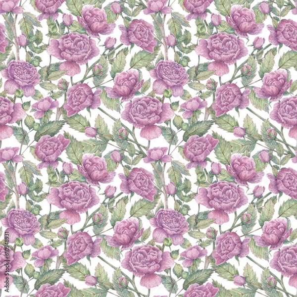 Obraz Seamless watercolor pattern with blooming rose branches, buds and leaves. Botanical background with pink flowers for wrapping paper, fabrics, printing, design, etc.