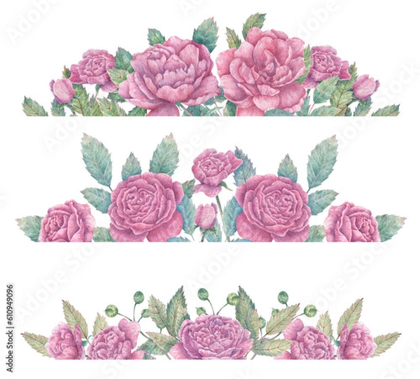 Obraz Set of watercolor compositions with branches of blooming pink roses, buds and leaves. Botanical borders for postcards, stationery, invitations, design and more.
