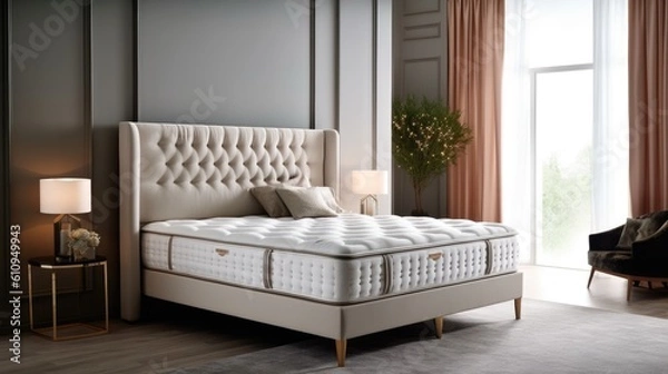 Fototapeta A white spring mattress with a flat surface in bedroom - generative AI