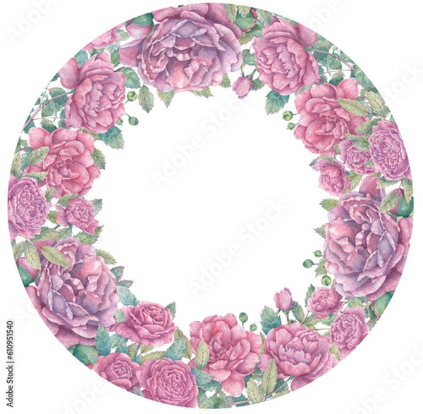 Obraz Round watercolor frame with blooming pink rose branches, buds and leaves. Botanical wreath for cards, flyers, invitations, design and more.