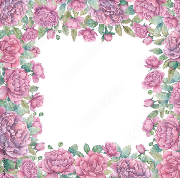 Obraz Square watercolor frame with blooming pink rose branches, buds and leaves. Botanical border for cards, flyers, invitations, design and more.