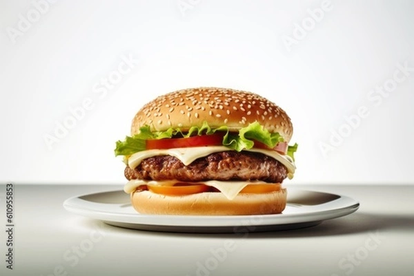 Fototapeta Close-up view photography of a tempting burguer on a porcelain platter against a white background. With generative AI technology
