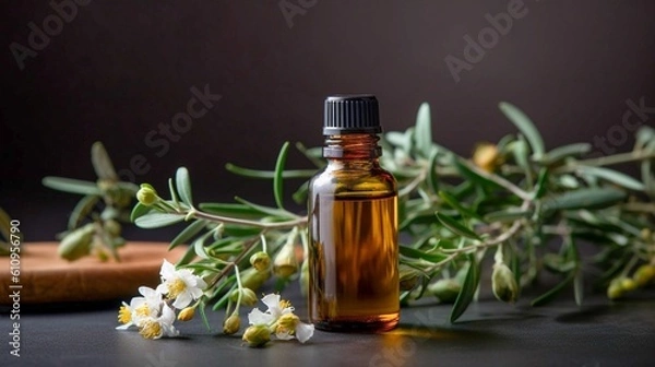 Fototapeta Tea tree essential oil in a small bottle with fresh flowers. Generative AI.