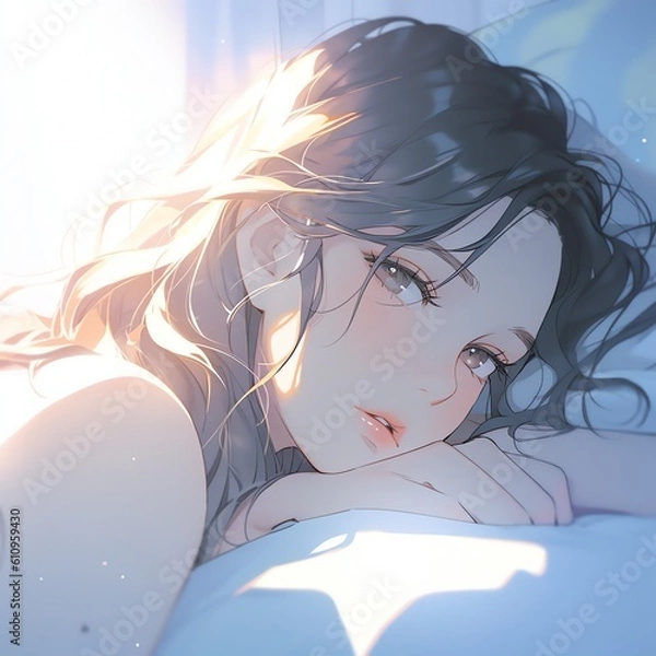 Fototapeta ベッドからこちらを見る寝起きの女の子 | Generative AI
