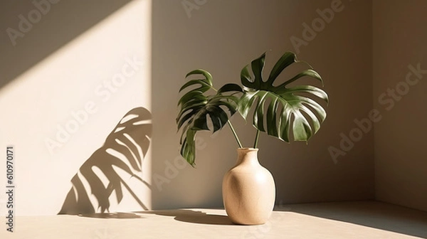 Fototapeta Współczesne letnie minimalne minimalne rośliny w świetle słonecznym z długimi cieniami na beżowym tle ściennym, kopiuj przestrzeń wewnętrzna scena śródziemnomorska