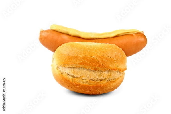 Fototapeta German sausage with bun and mustard