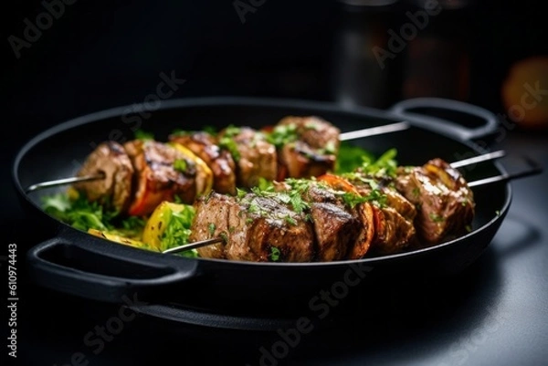 Obraz Close-up view photography of a delicious kebab in a clay dish against a polished metal background. With generative AI technology