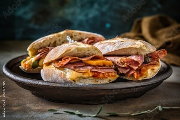 Fototapeta Macro view photography of a tempting sandwiches in a clay dish against a sandstone background. With generative AI technology