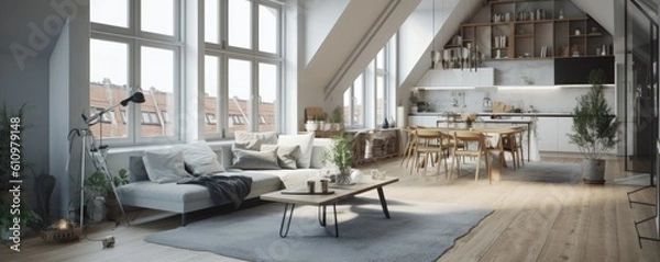 Fototapeta Banner - Living room in Loft in Scandinavian design marked by a focus on clean, simple lines, minimalism, and functionality without sacrificing beauty. Architecture and Real estate, AI generative