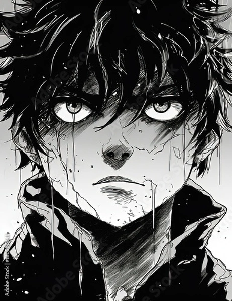 Fototapeta Detailed bkack and white ink drawing of a cartoon charcter, anime style. Generative Ai