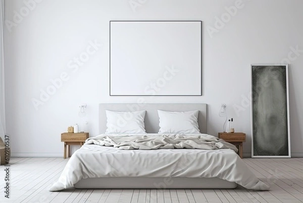 Fototapeta Cosy bright bedroom with large canvas mock-up on the wall. Generative Ai
