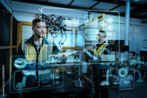 Fototapeta Multiracial tachnicial engineer training with robot arm