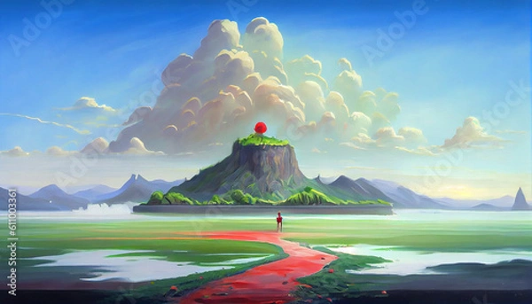 Fototapeta Generative AI landscape with clouds and mountains