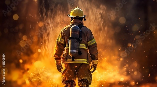 Fototapeta Back View of a Firefighter Against Fiery Background