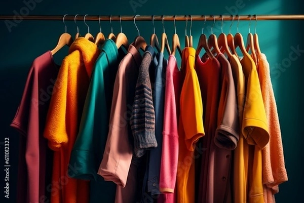 Fototapeta Building stylish wardrobe trendy female woman colorful summer capsule wardrobe with different t-shirts on blue background. Seasonal capsule for easy dressing, order in things concept. Generative AI