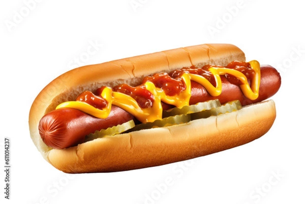 Fototapeta A delicious hot dog with mustard, ketchup and pickles, isolated (Generative AI, Generativ, KI)