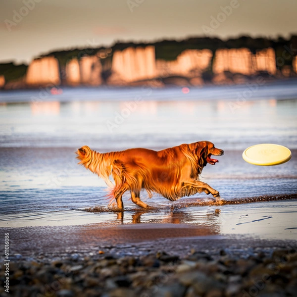 Fototapeta Dog running at the sea with a frisbee. Generative AI