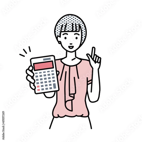 Fototapeta 立って電卓を持ってこちらに向けて見せているオフィスカジュアルの女性