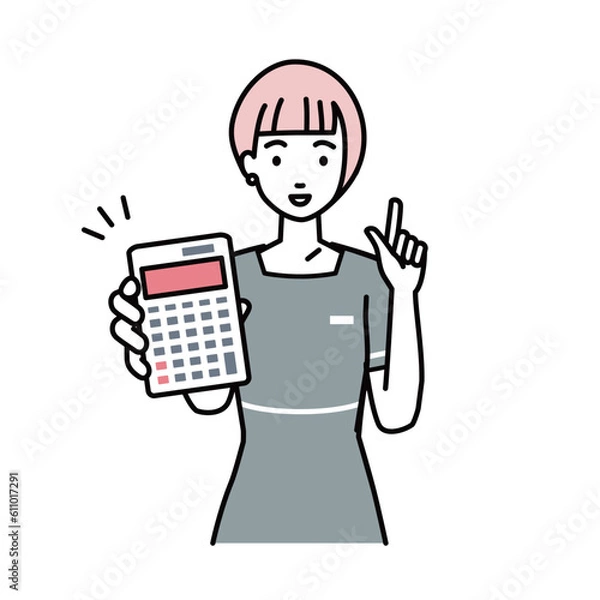 Fototapeta 立って電卓を持ってこちらに向けて見せているエステ店員・受付・接客係の女性