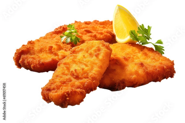 Fototapeta Delicious breaded Wiener Schnitzel with lemon and parsley, isolated (Generative AI, Generativ, KI)