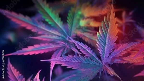 Fototapeta Cannabis leaves on black background with flare. Aesthetic vibrant abstract background with hemp foliage in neon light. Generative ai