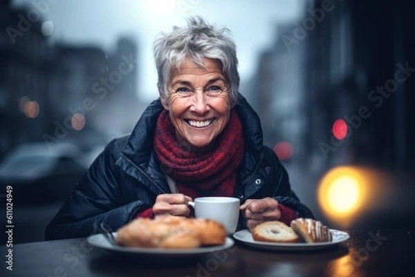 Fototapeta Close-up portrait photography of a happy mature woman having breakfast against a dramatic thunderstorm background. With generative AI technology