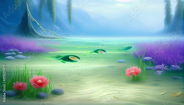 Fototapeta Generative AI landscape with flowers and butterflies