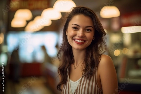 Obraz Medium shot portrait photography of a grinning girl in her 30s walking against a classic diner background. With generative AI technology