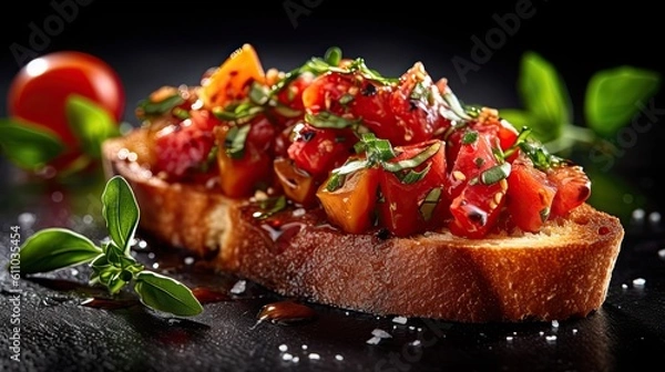 Fototapeta Tomato and basil bruschetta vegetarian meal on dark background. Generative AI