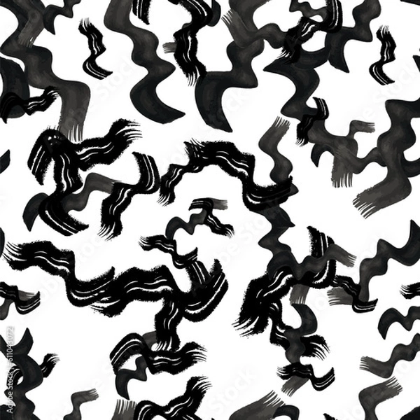 Obraz Seamless pattern with black wavy grunge brush strokes