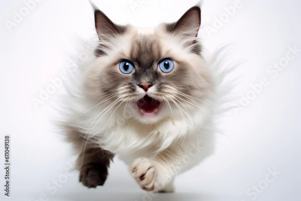 Obraz Medium shot portrait photography of a funny ragdoll cat pouncing against a white background. With generative AI technology