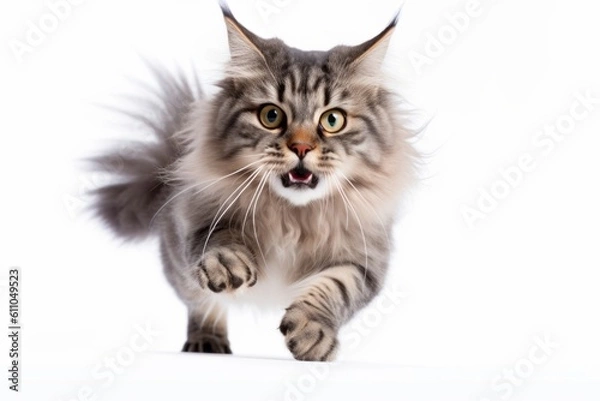 Fototapeta Medium shot portrait photography of a smiling siberian cat running against a white background. With generative AI technology