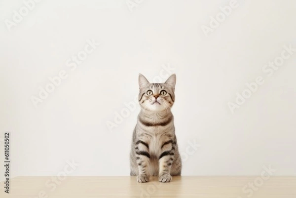 Fototapeta Medium shot portrait photography of a smiling american shorthair cat begging for food against a minimalist or empty room background. With generative AI technology