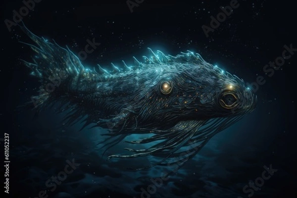 Fototapeta deep-sea creature swimming through bioluminescent seascape, its shimmering scales shining in the darkness, created with generative ai