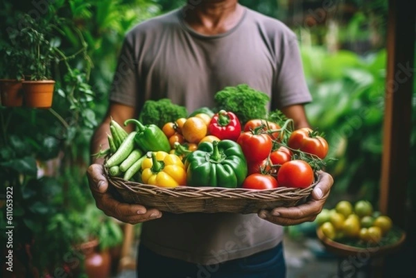 Fototapeta a man holds a basket with a mix of fresh vegetables and herbs, Generative AI
