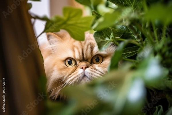 Obraz Environmental portrait photography of a funny persian cat wall climbing against an indoor plant. With generative AI technology